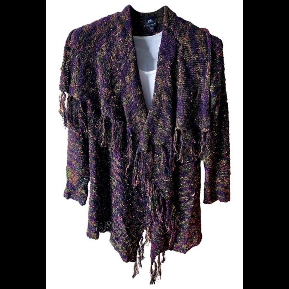 Heidi Hess Hand Loomed Silk Fringe Wrap Sweater Black with Multi